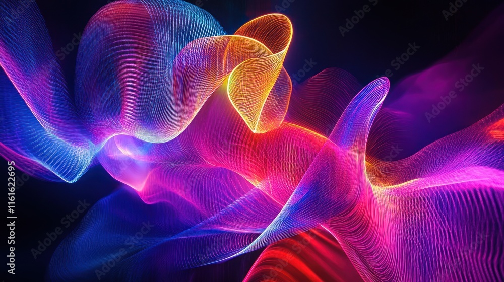 Poster motion-based futuristic neon art integrating layered textures.