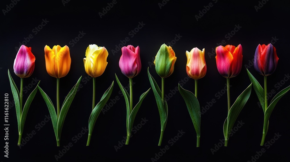 Poster multi-colored tulips in a sequential row.