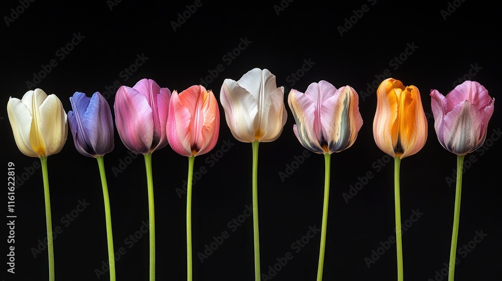 Poster multi-colored tulips in a sequential row.