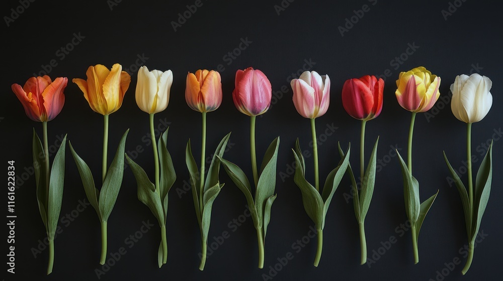 Poster multi-colored tulips in a sequential row.
