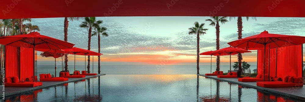 Poster a serene poolside view with red umbrellas and palm trees at sunset.