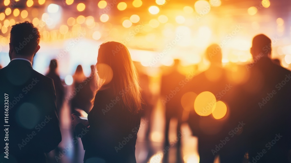 Poster networking event with business professionals, captured with blurred background to highlight focus