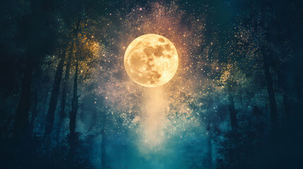Fototapeta premium The moonbeam creates a vibrant aura, casting ethereal light that contrasts with the dense shadows of the surrounding forest minimalist vector art illustration images. Moonbeam. Illustration