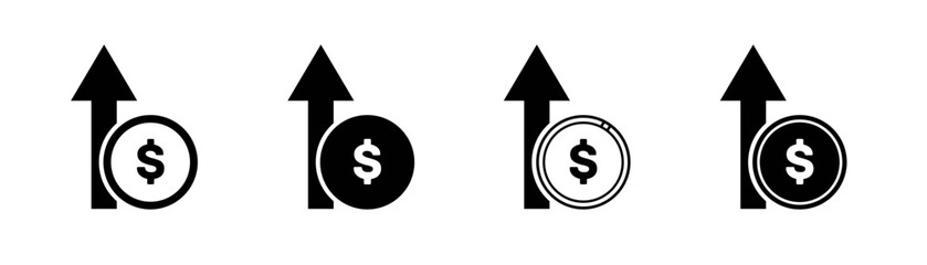 Set of money increases icon vector. dollar rate increase icon. Money symbol with stretching arrow up. rising prices.