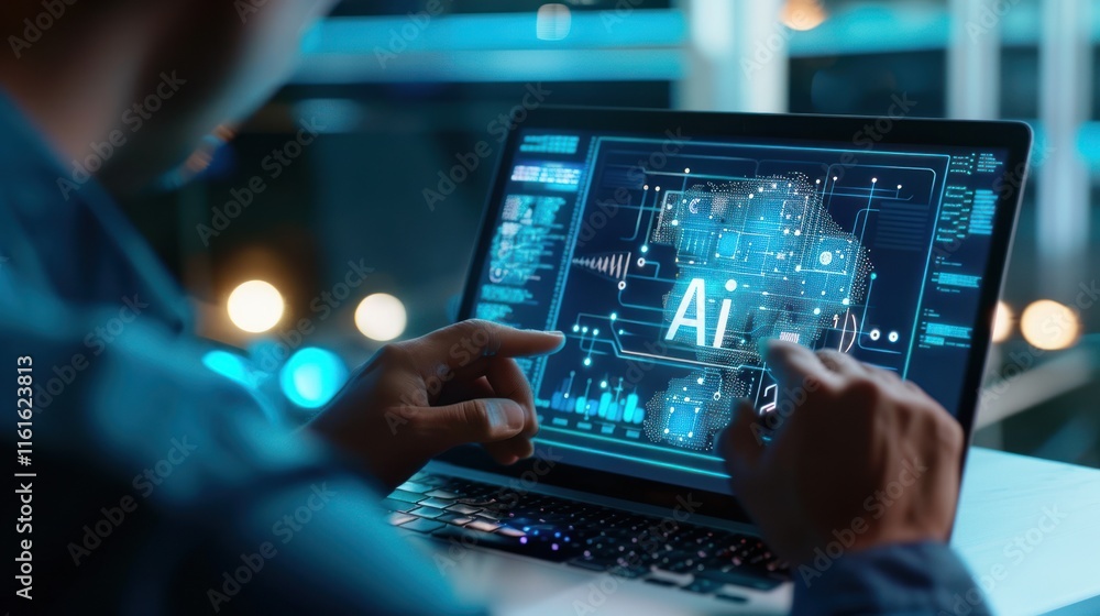Aufkleber photograph of man working remotely on a laptop computer, the screen showing text 
