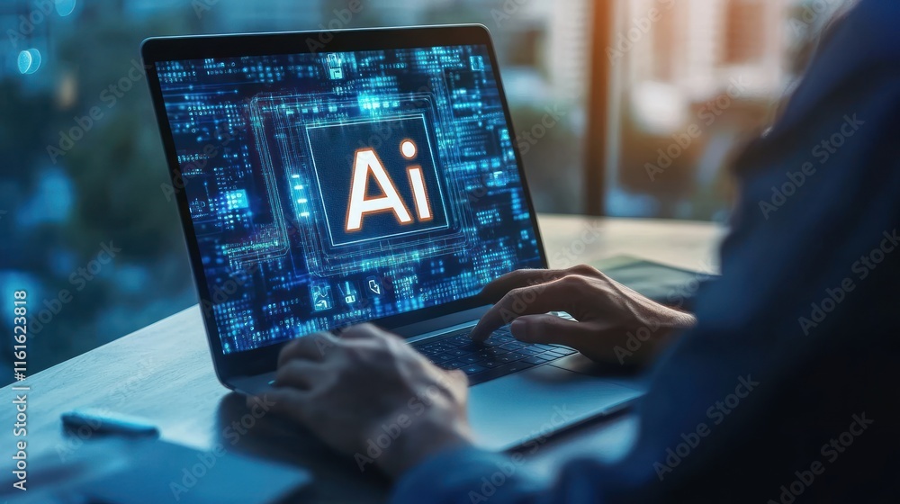 Aufkleber photograph of man working remotely on a laptop computer, the screen showing text 