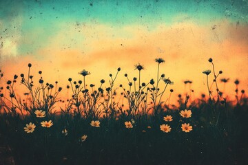 Colorful wildflowers against a vibrant sunset sky with a retro risograph inspired effect. Generative AI