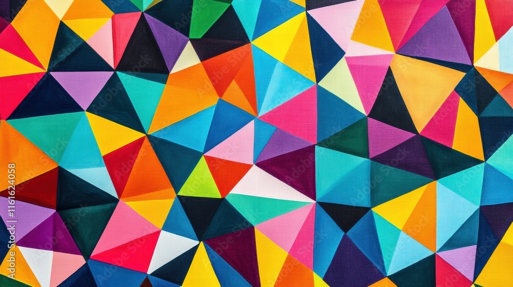 Poster vibrant mosaic pattern of triangles in various colors displayed on a textile surface. generative ai