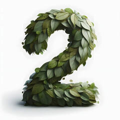 Number Two made of Green Leafs in white background
