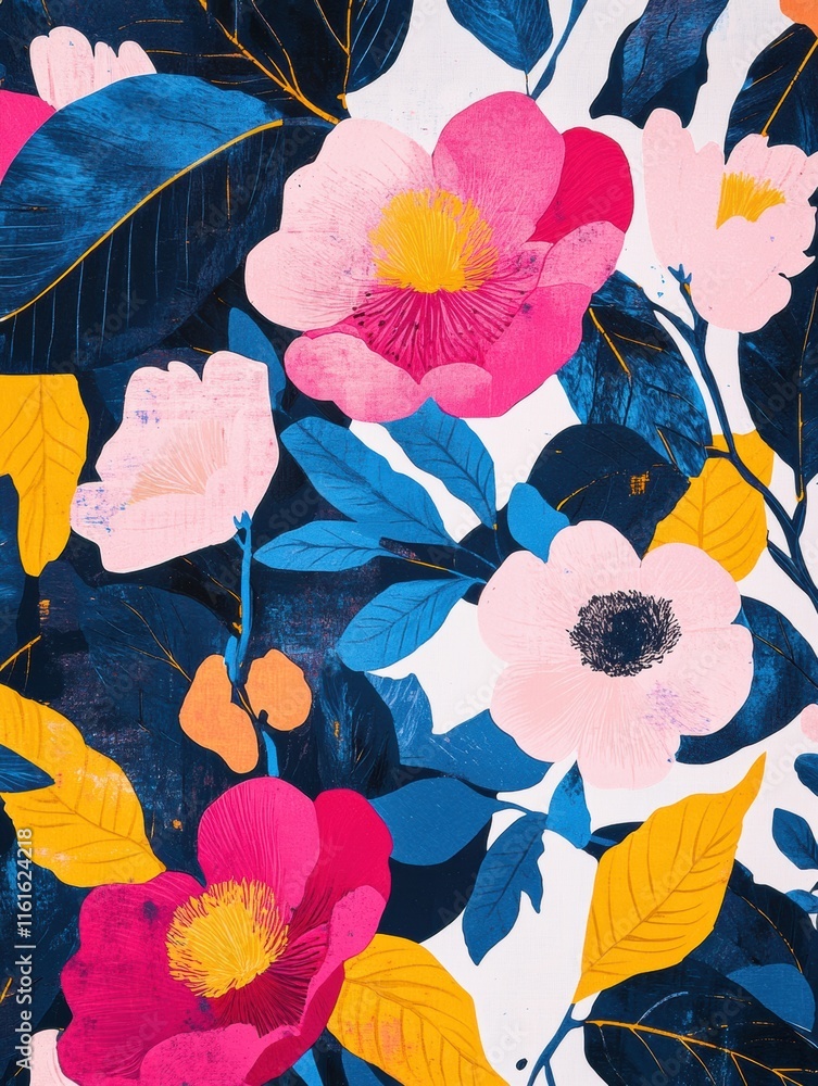 Aufkleber Vibrant flowers in retro risograph style featuring bold colors and dynamic patterns. Generative AI