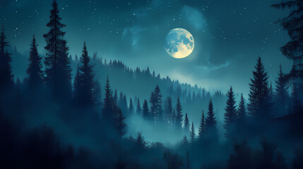 Fototapeta premium Moody and atmospheric night sky with glowing moon and silhouetted evergreen forest. Moonbeam. Illustration