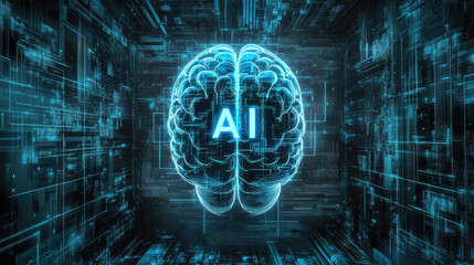 A digital brain with the letters "AI" glowing in blue, surrounded by circuit patterns and data streams against an indigo background. generative ai