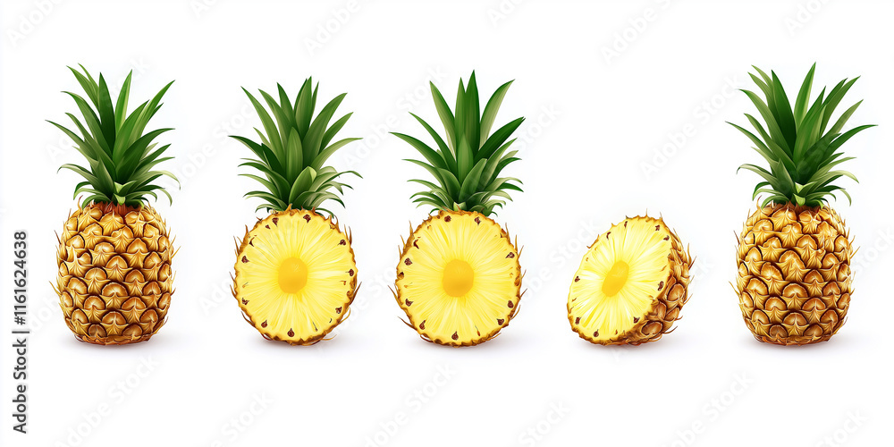 Aufkleber Ripe pineapples showing whole, halved and sliced variations on white background