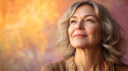 Fototapeta premium Radiant middle-aged woman captured against a soft gradient background, exuding warmth and confidence
