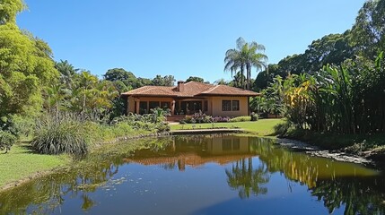 Fototapeta premium Serene Home Surrounded by Nature with Reflective Pond in Foreground