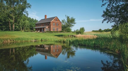 Obraz premium Serene Countryside House by Peaceful Pond with Lush Greenery