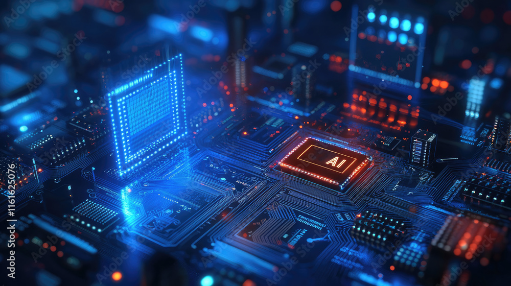 Poster abstract futuristic blue background with microchips and a glowing circuit board, with 