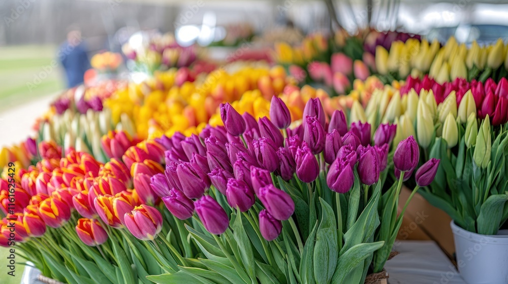 Poster spring tulip display in vivid colors, on solid white background, single object
