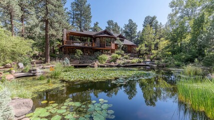 Serene Woodland Retreat with Reflection Pond and Lush Vegetation