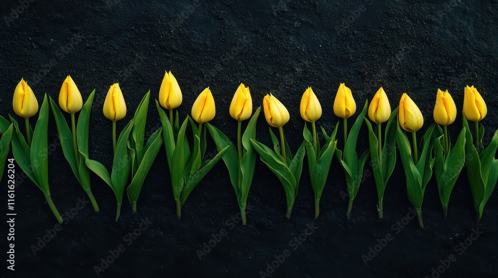 Poster tulip flowers arranged in a neat row.