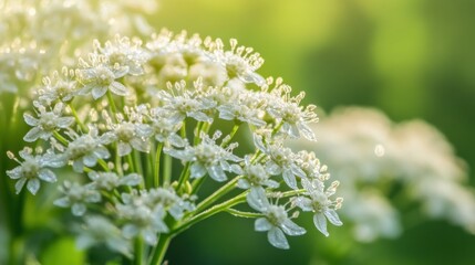 Fototapeta premium Dew-kissed white wildflowers in sunlight.