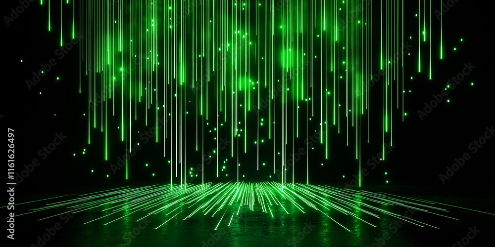 Poster Green particle rain falling on reflective surface creating abstract light pattern