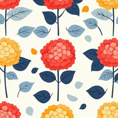 A vibrant floral pattern featuring bold red and yellow flowers with detailed leaves against a soft cream background.