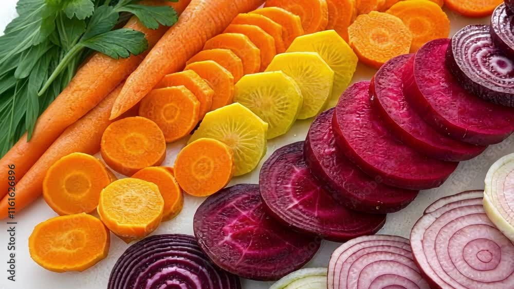 Poster a vibrant image of a colorful medley of carrots beets and radishes into thin slices displaying their