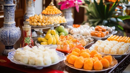 Fototapeta premium Colorful Array of Traditional Asian Desserts and Fruits Display