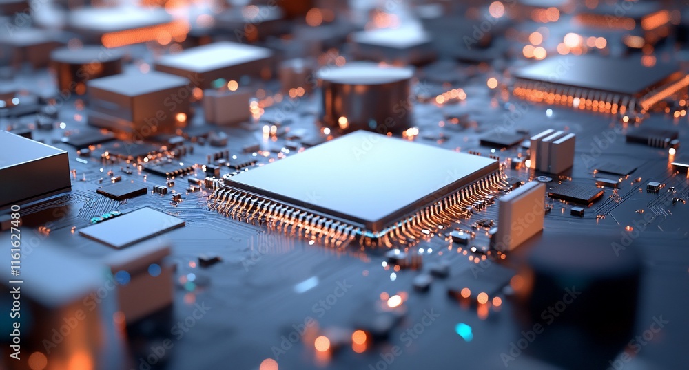 Poster close-up of a circuit board with microchips and glowing connections.