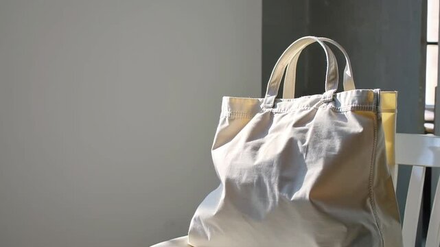 Blank white canvas tote bag mockup on chair with sunlight perfect for showcasing design concepts and presentation templates
