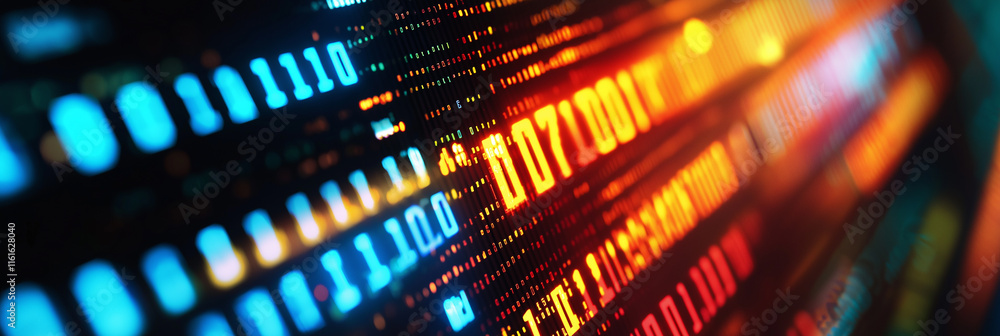 Poster Binary code numbers flowing across digital display in futuristic cyberspace