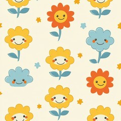 Naklejka premium A cheerful floral pattern featuring smiling flowers in blue, yellow, and orange, set against a light background, perfect for children's decor.