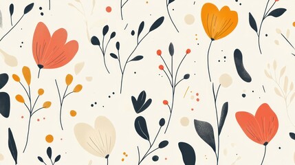 Obraz premium Seamless pattern with stylized flowers and leaves in warm colors on a cream background.
