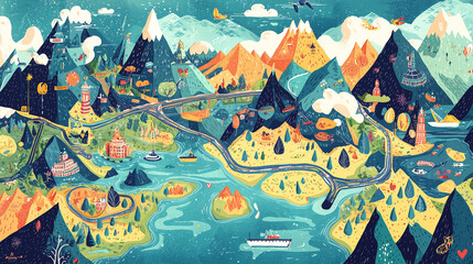Colorful travel map illustration blending nature and exploration, capturing the spirit of adventure with stunning details and playful design.