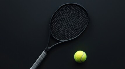 Black tennis racket and yellow ball on dark background. (1)