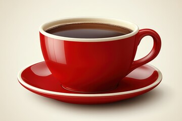 Obraz premium A vibrant red coffee cup with saucer, elegantly showcasing a rich cup of dark coffee, perfect for a cozy morning.