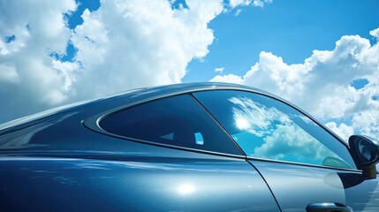 Obraz premium Sleek Car Profile Against Bright Blue Sky with Fluffy White Clouds