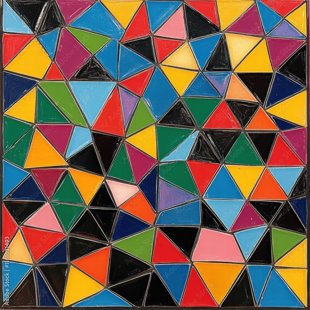 Poster Vibrant mosaic inspired pattern featuring colorful triangles arranged in a dynamic display of shapes and hues. Generative AI