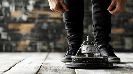 Person's Legs Above Measurement Device on Wood Floor.  Strength Training Assessment Shows Progress Efficiently.