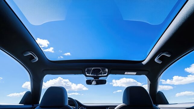 Car Interior with Panoramic Sunroof Against Clear Blue Sky