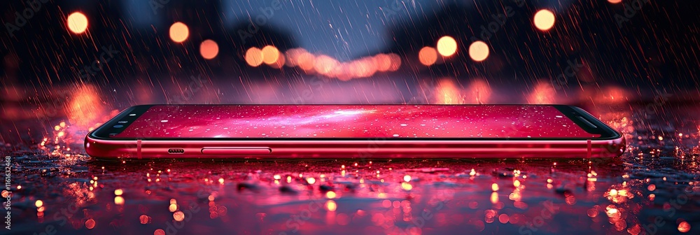Aufkleber a smartphone resting on a wet surface with a vibrant background and rain effects.