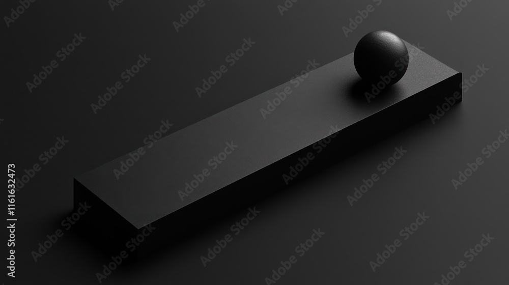 Poster black sphere atop a rectangular block against a dark background.