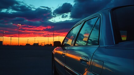 Obraz premium Sunset Reflection on Car Window with Vibrant Colorful Sky