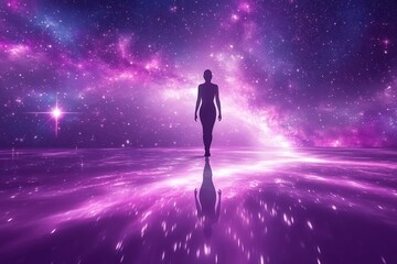 A silhouetted figure walks towards a vibrant, purple cosmic scene filled with stars and galaxies, reflecting softly on the ground.