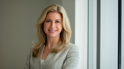 A confident Caucasian woman in a light gray blazer smiles warmly, standing by a large window that illuminates her professional demeanor.