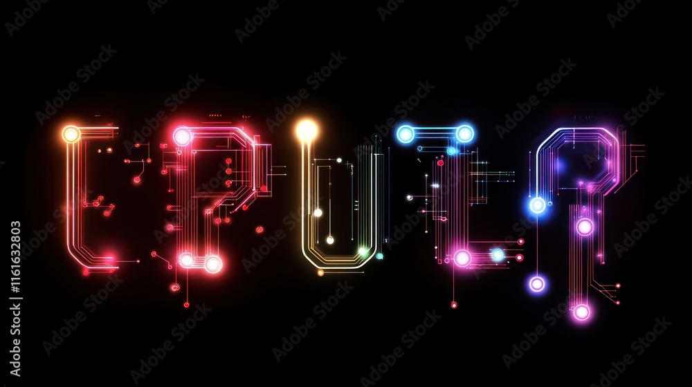 Poster colorful cpu text formed by illuminated circuit lines on black background.