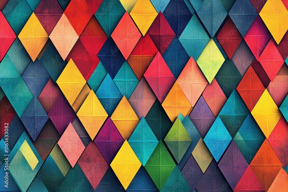 Poster mosaic inspired pattern of vibrant triangles showcasing rich colors and textures in a symmetrical de