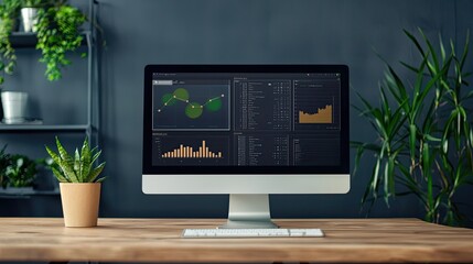 Power usage statistics concept. A modern workspace featuring a computer displaying data analytics, surrounded by greenery, creating a productive and inviting atmosphere.