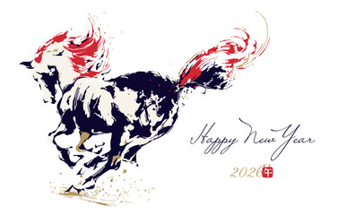 【午年】2026年  水墨画風馬｜和風年賀状デザイン　ベクターイラスト